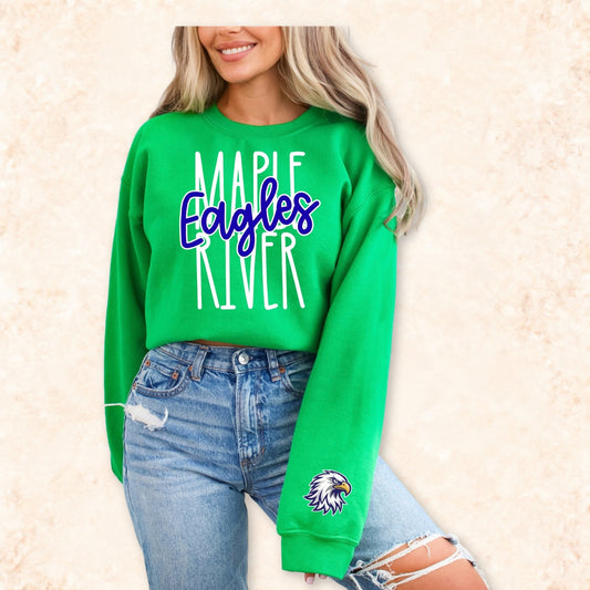 Maple River Eagles design on a Kelly Green long sleeve with an eagle sleeve graphic