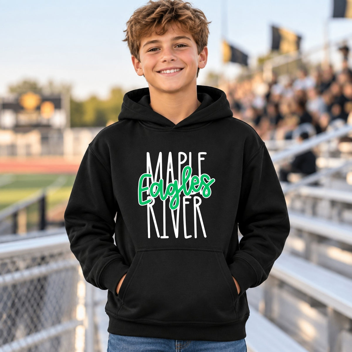 Maple River Eagles design on a Black youth hoodie