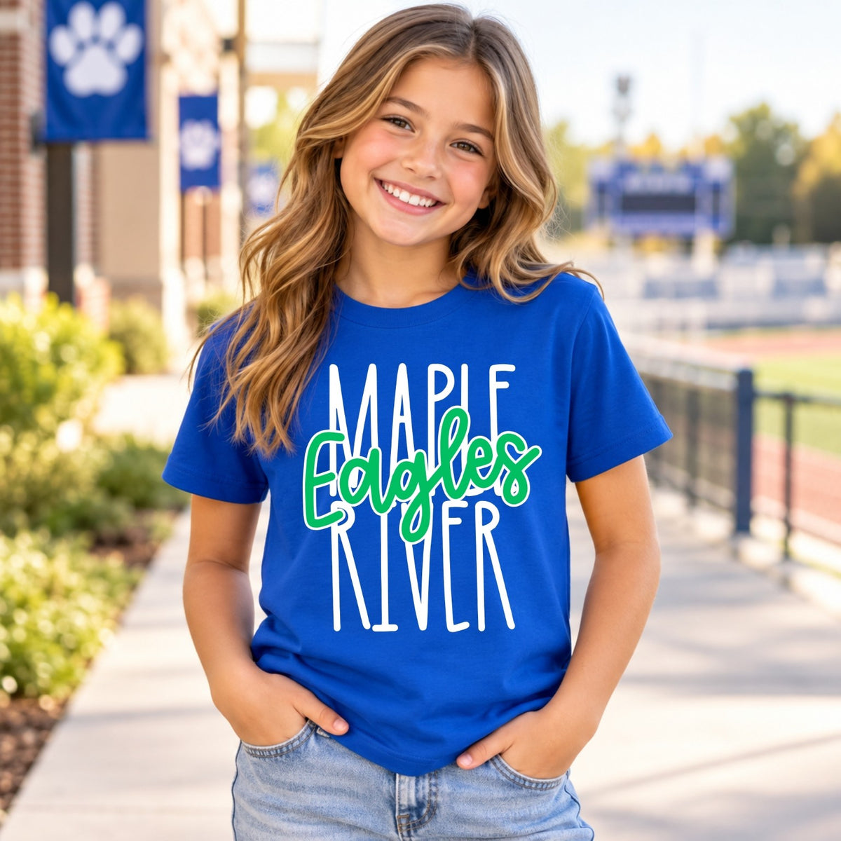 Maple River Eagles design on a Royal Blue youth T-shirt