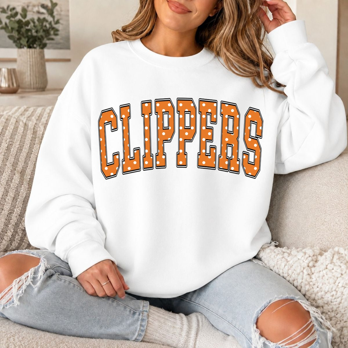 clippers polka dot varsity design on white sweatshirt