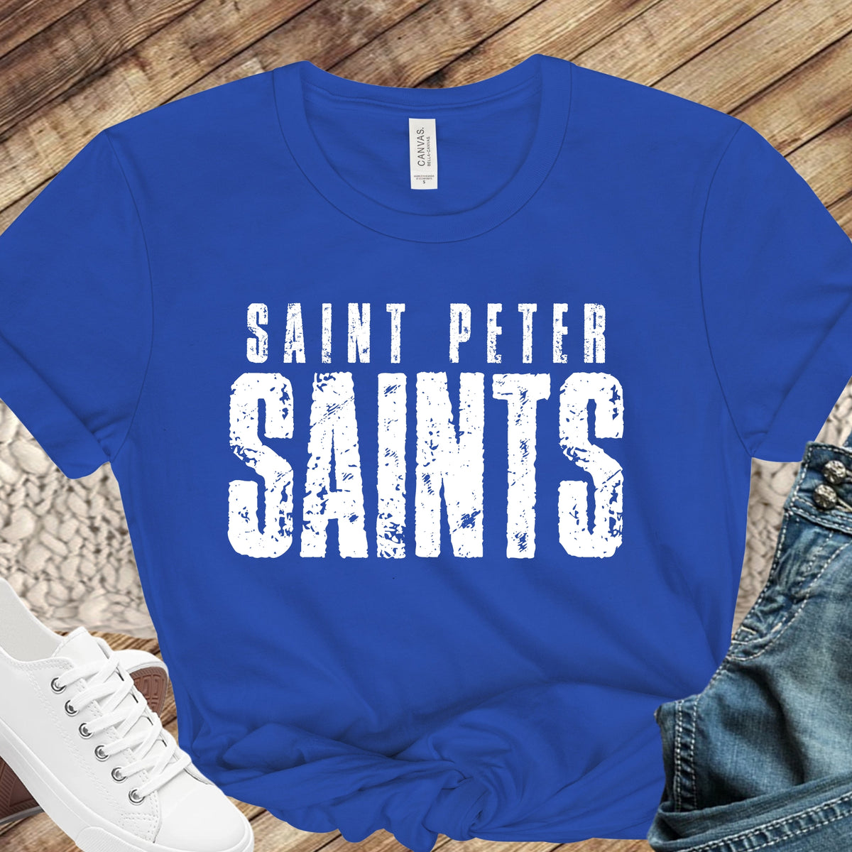 Distressed Saints white design on Royal Blue adult T-shirt mockup