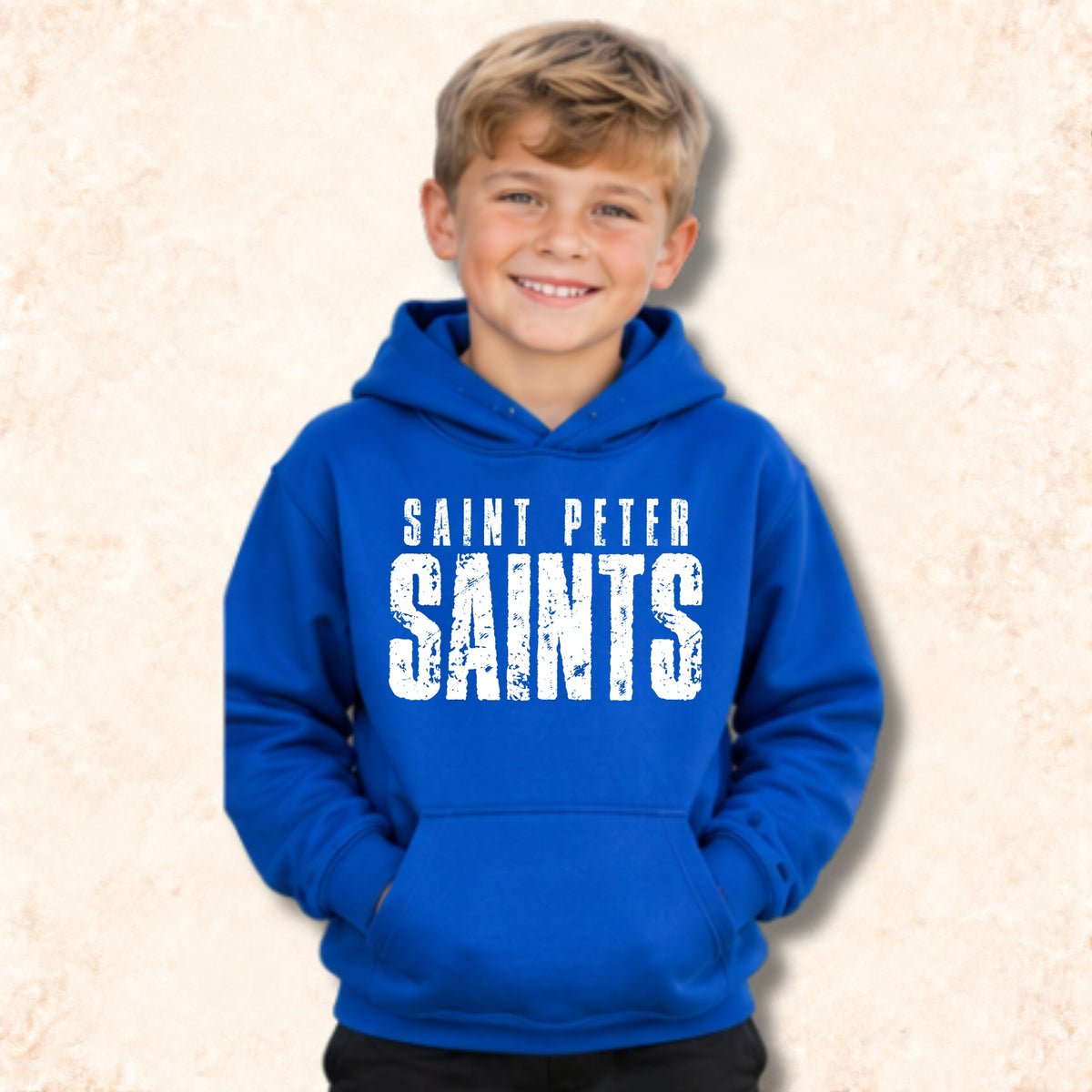 Distressed Saints white design on Royal Blue youth hoodie mockup