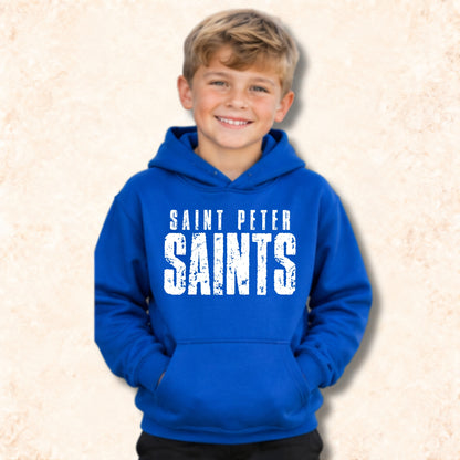 Distressed Saints white design on Royal Blue youth hoodie mockup