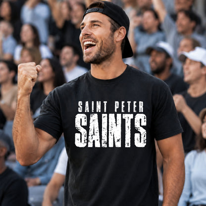 Distressed Saints white design on black adult T-shirt mockup