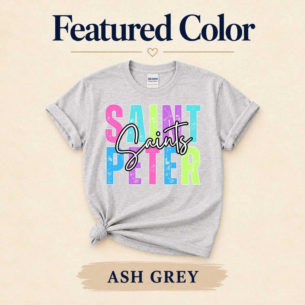 Colorful St. Peter Saints design on Ash Grey T-shirt, featured color