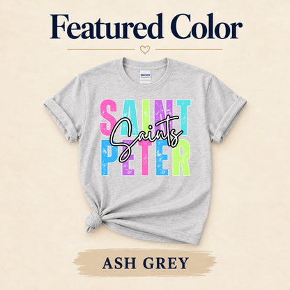 Colorful St. Peter Saints design on Ash Grey T-shirt, featured color