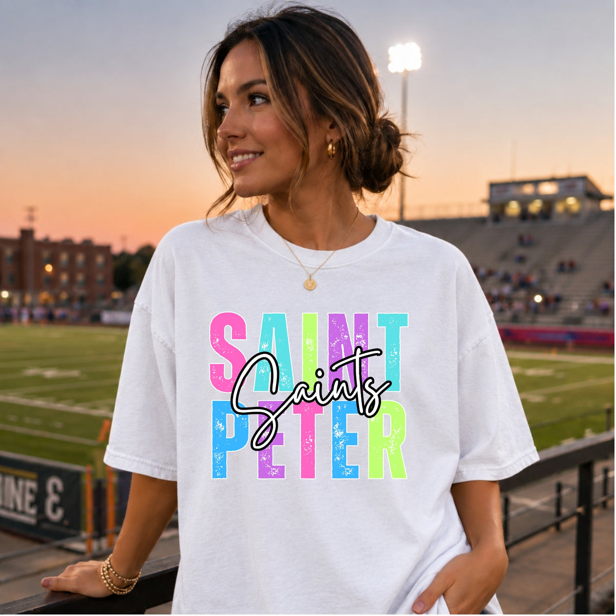 Colorful St. Peter Saints design on White T-shirt, original lifestyle mockup