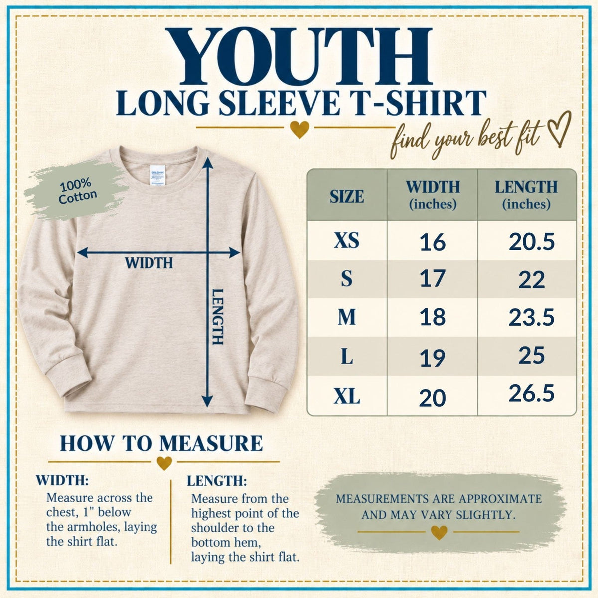 Youth long sleeve T-shirt size chart with chest width and garment length measurements